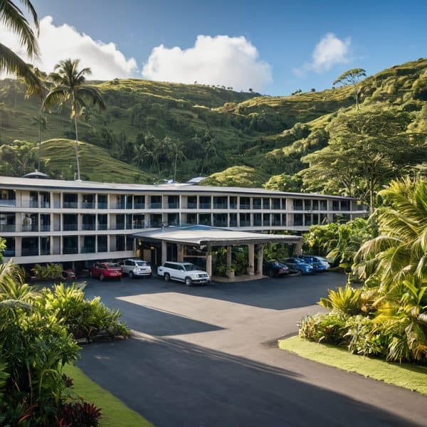 Hotel in Fiji surrounded by tropical greenery and mountains.