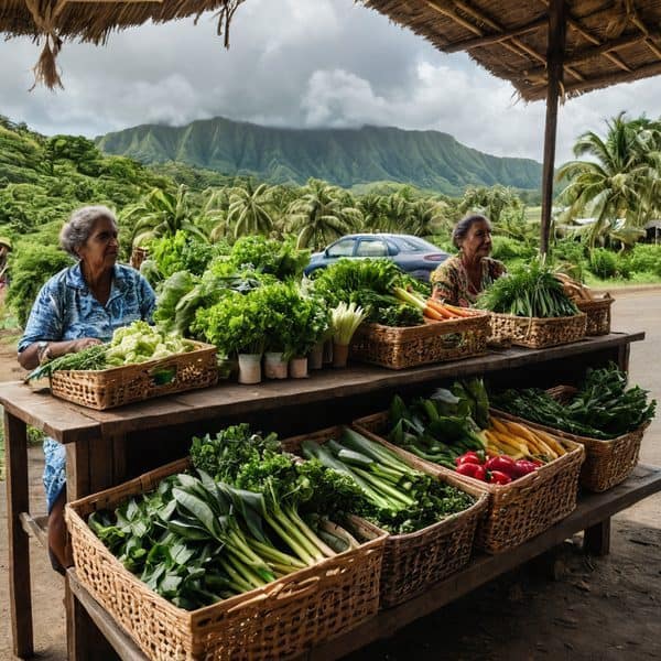Local Fijian women selling fresh vegetables at market with lush mountains in background.