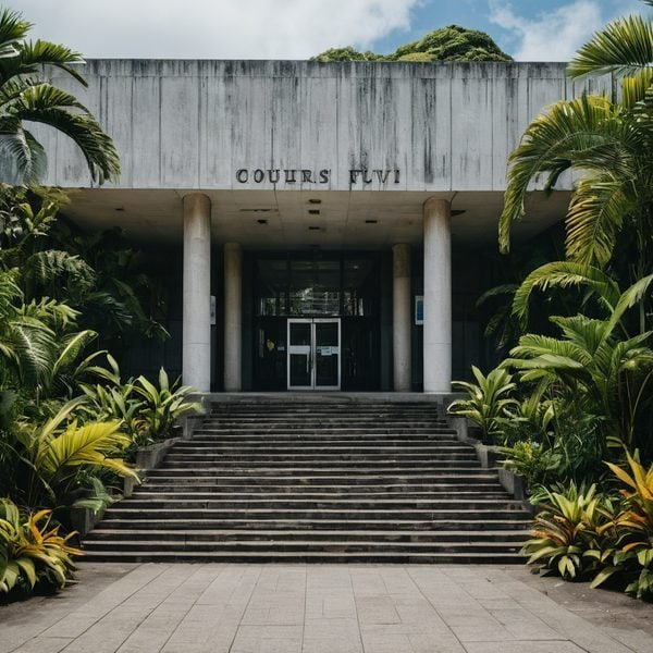 Fiji Museum entrance with lush tropical plants and steps leading up to the building.