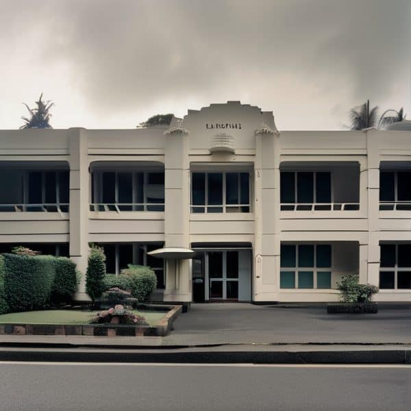 Modern white building with lush greenery and cloudy sky in Fiji.