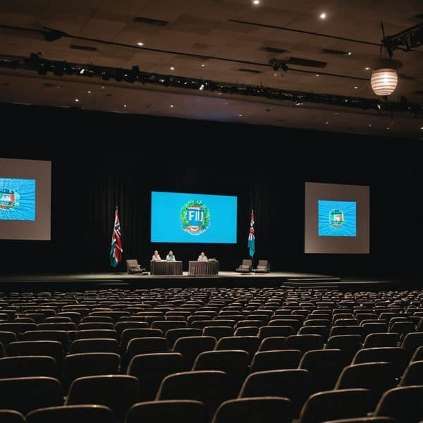 Fiji Global News conference stage with Fiji logo and flags.