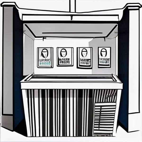 Art exhibition display with posters on a wall.