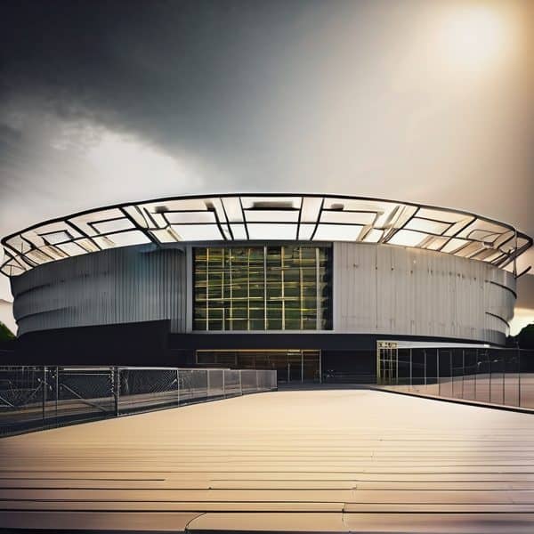 Exterior view of a modern stadium in Fiji under dramatic cloudy skies.