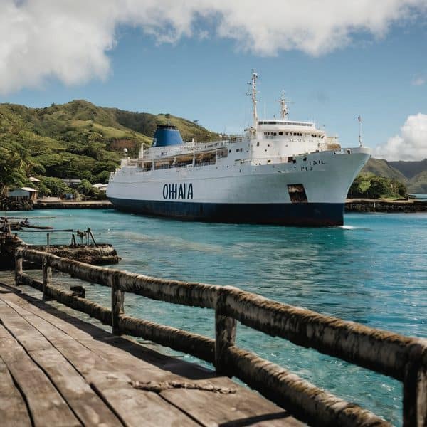 Fiji ferry docked at port with scenic green hills in background.