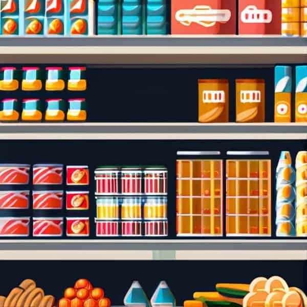 Grocery store shelves stocked with canned goods, beverages, and snacks.