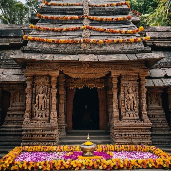 Ancient Hindu temple in Fiji adorned with colorful marigolds and intricate stone sculptures.