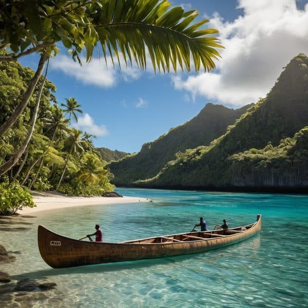 Tropical island scene with a canoe on clear turquoise water, lush green mountains, and palm trees un.