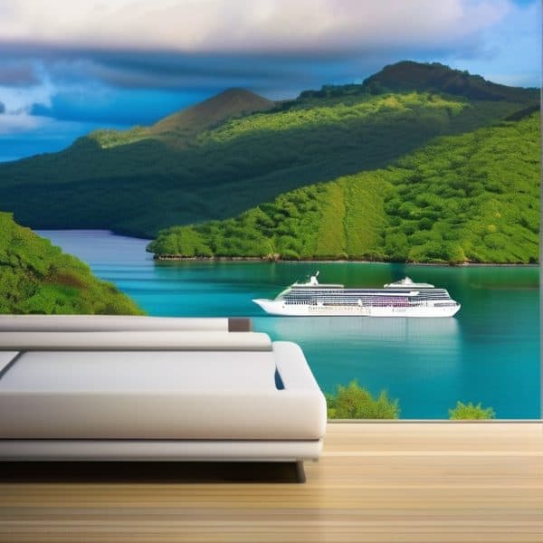 Luxury cruise ship in Fiji's tropical waters with lush green islands and mountains.