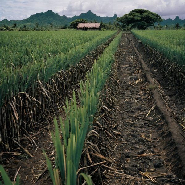 Sugarcane plantation in Fiji with green fields and mountain scenery.