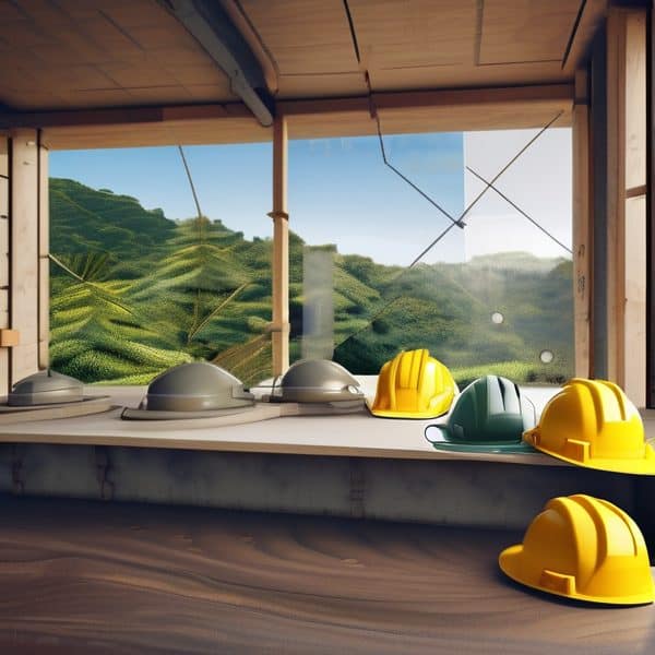 Construction safety helmets on a table with a view of lush green hills outside.