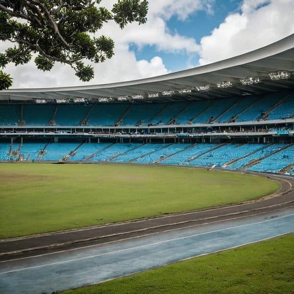Fiji Stadium with empty seats and running track under a cloudy sky.