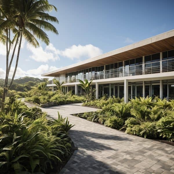 Luxury resort with tropical gardens and modern architecture in Fiji.