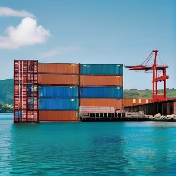 Shipping containers stacked at Fiji port with crane in background.