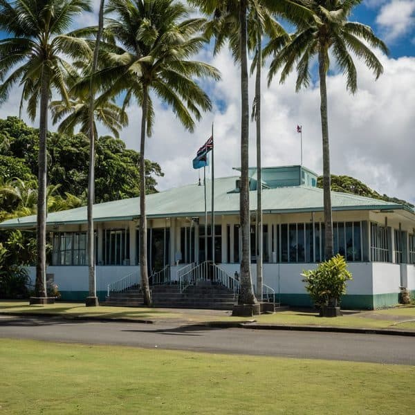 Fiji Government House surrounded by palm trees in Suva, Fiji.