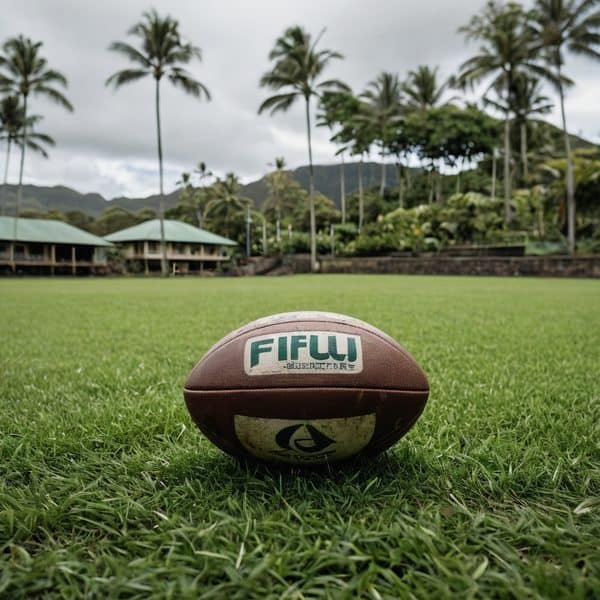 Rugby ball with Fiji logo on a lush green field, surrounded by tropical trees and mountains in the b.