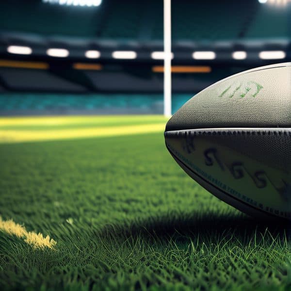 Rugby ball on the field in a stadium ready for play.