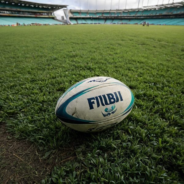 Rugby ball with Fiji logo on a lush green field at a stadium.