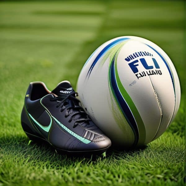 Fiji rugby ball and sports shoe on grass field.