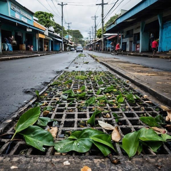 Street with fallen leaves and debris on drainage grate in Fiji.