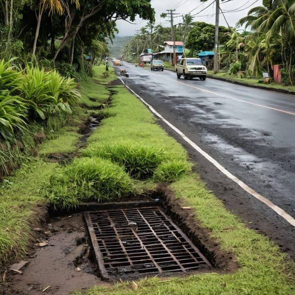 Drainage grate on a wet road in a tropical area with vehicles and lush greenery.