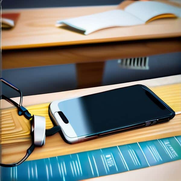 Smartphone with headphones on wooden desk, workspace setup.