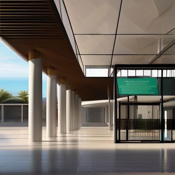 Fiji modern architecture with white pillars and glass exterior.