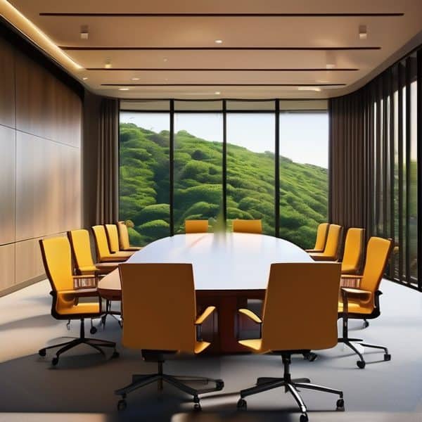 Modern conference room with large windows and yellow chairs.