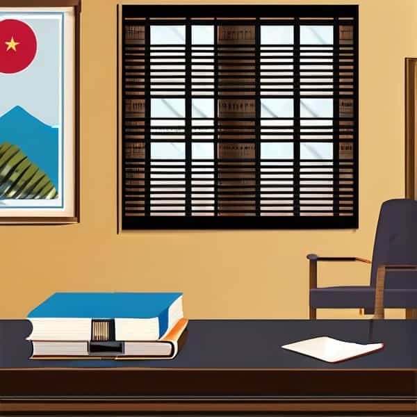 Office desk with books, papers, and a chair in a professional setting.