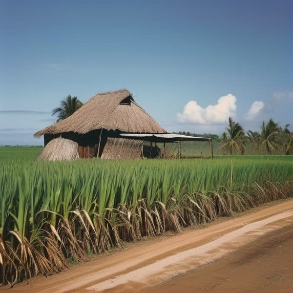 Fijian hut surrounded by vibrant rice paddies and tropical palm trees in a rural landscape.