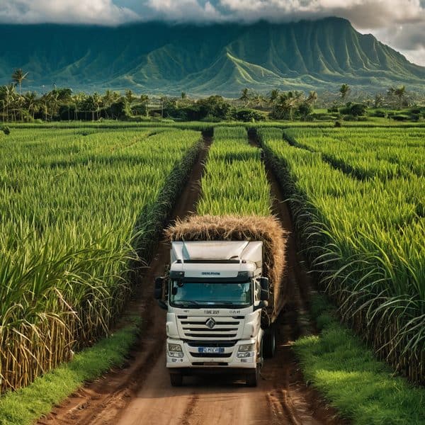 Truck driving through lush sugar cane fields with mountain backdrop in Fiji.
