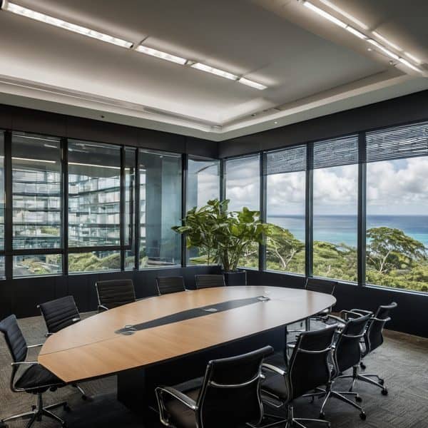 Modern conference room with large windows overlooking the ocean and lush greenery.