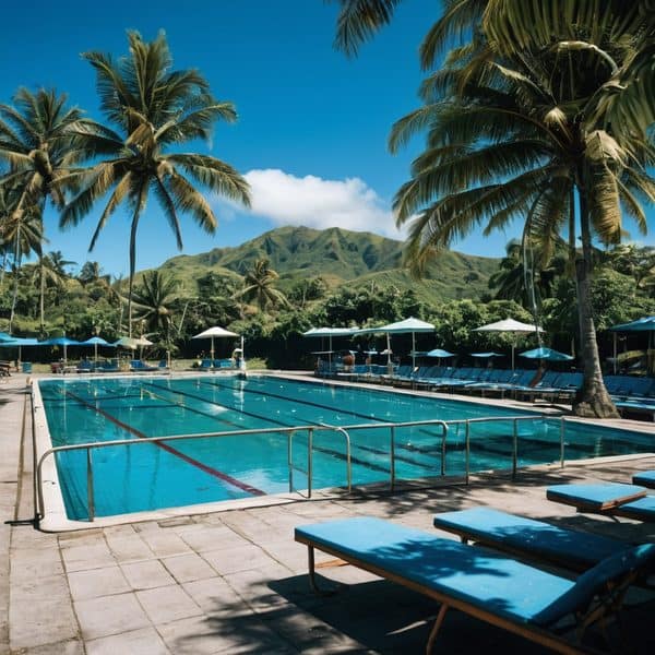 Scenic tropical pool with palm trees and mountain backdrop in Fiji.