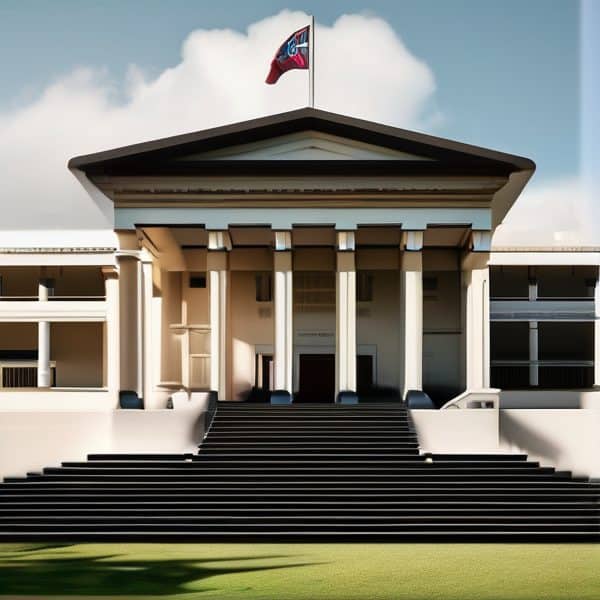 Fiji government building featuring neoclassical architecture, grand steps, and the national flag fly.