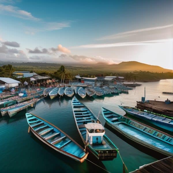 Fiji boat harbor with boats docked at sunset, scenic view of the water and surrounding landscape.
