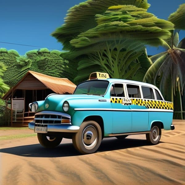 Taxi vehicle in rural Fiji with lush green tropical background.
