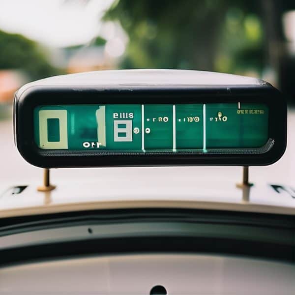 Taxi meter displaying fare in Fiji, outdoor scene with greenery and blurred background.