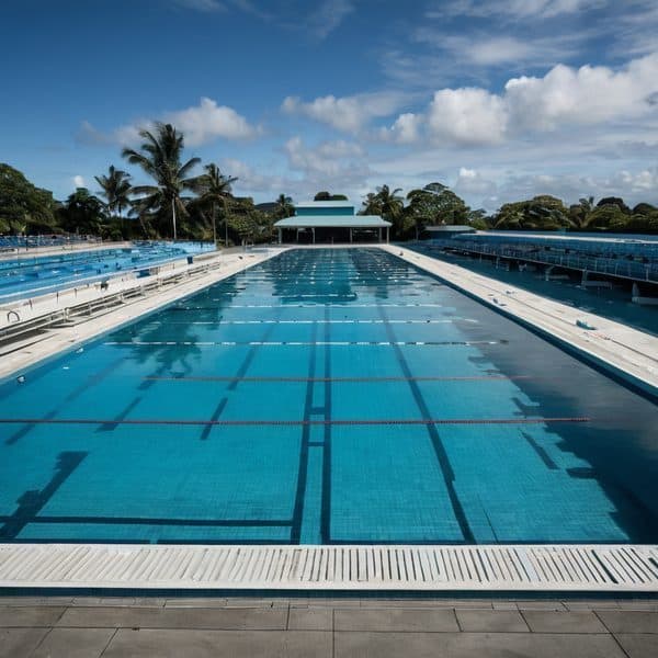 Outdoor swimming pool at tropical resort with palm trees and blue sky.