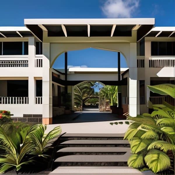 Elegant resort entrance with tropical plants and bright sky backdrop.