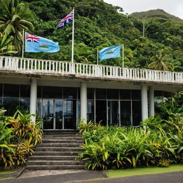 Fiji government building with flags and lush greenery background.