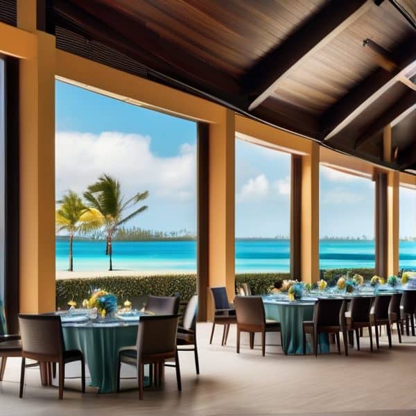 Beachfront dining with ocean view and tropical scenery.