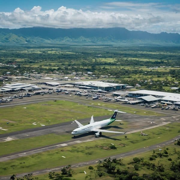 Airplane on Fiji airport runway surrounded by lush greenery and mountains in the background.