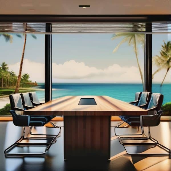 Modern conference room with ocean view and tropical scenery.