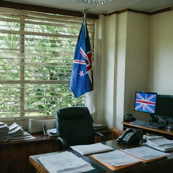 Office with Fiji flag, computer, and paperwork in a government setting.