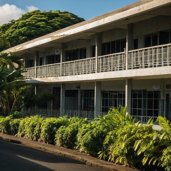 Modern hotel building with lush greenery in Fiji.