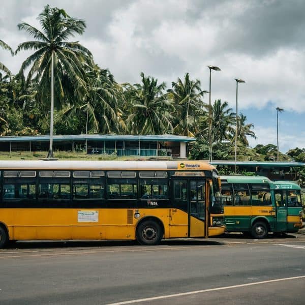 Public buses parked at Fiji bus station with palm trees in background.