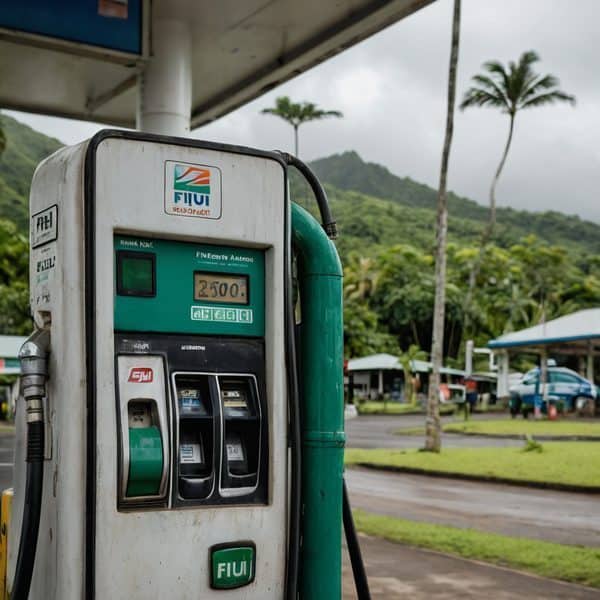 FijiFuel gas pump at a tropical station with palm trees and mountains in the background.