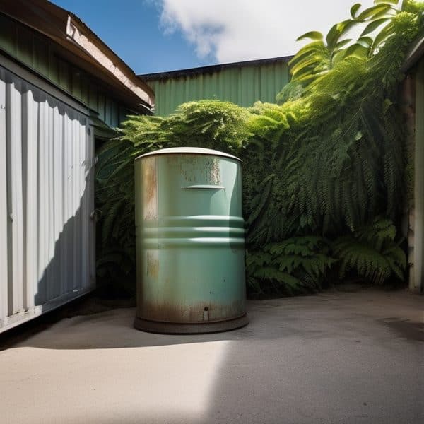 Rusty metal barrel surrounded by lush green plants in a backyard setting.