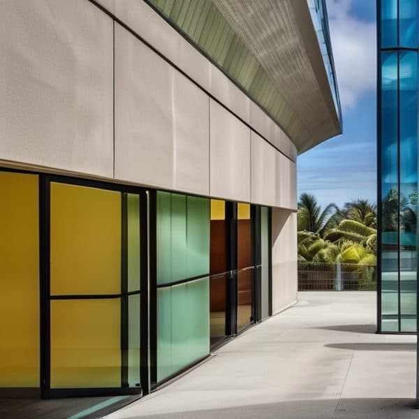 Colorful glass panels on a modern building with tropical trees in the background.