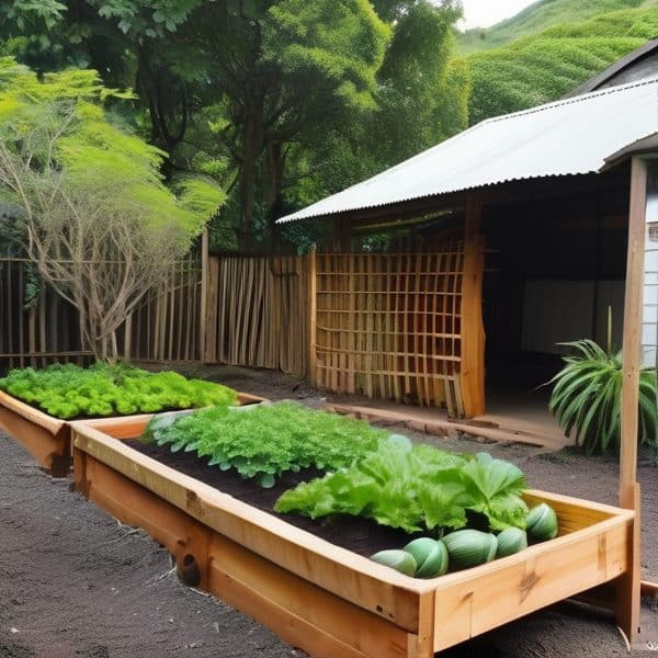 Vegetable garden with lush greens and watermelons in Fiji.
