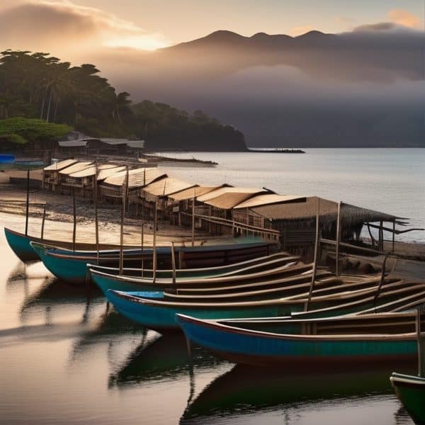 Boats docked at a serene Fijian beach during sunset.